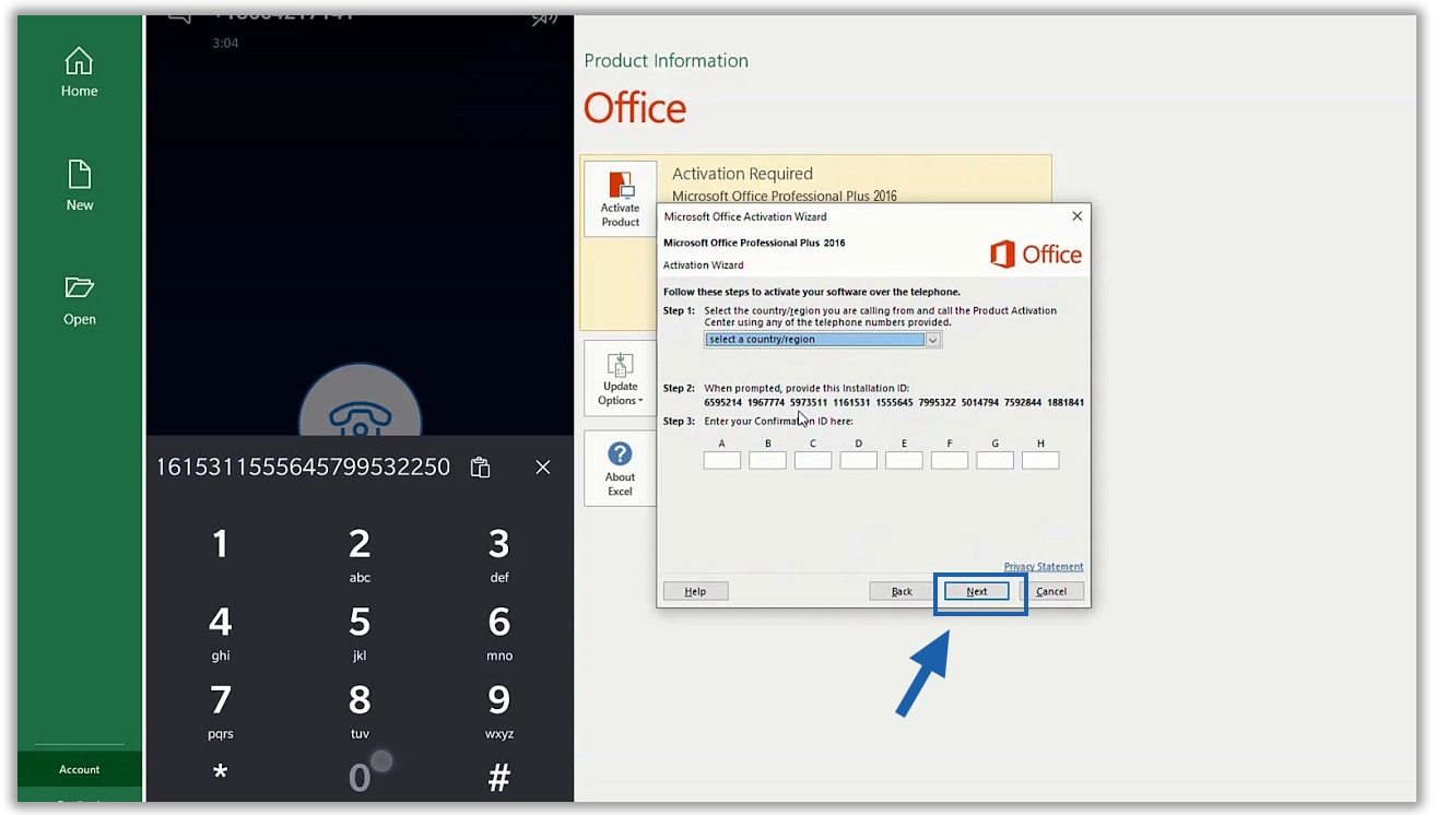 Activate MS Office 2016 via the Telephone