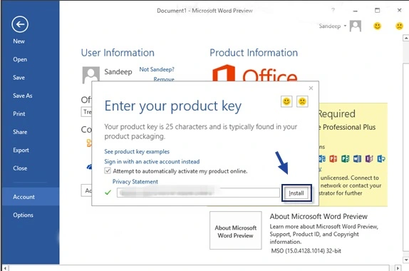 Activate Microsoft Office 2016 with the Product Key via the Internet